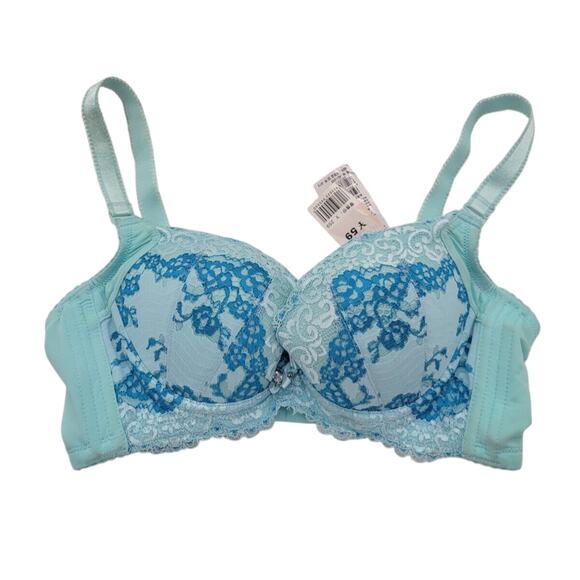 NWT Manjieer Turquoise Floral Lace Full Coverage Underwire T-Shirt Bra B75 - Picture 1 of 8